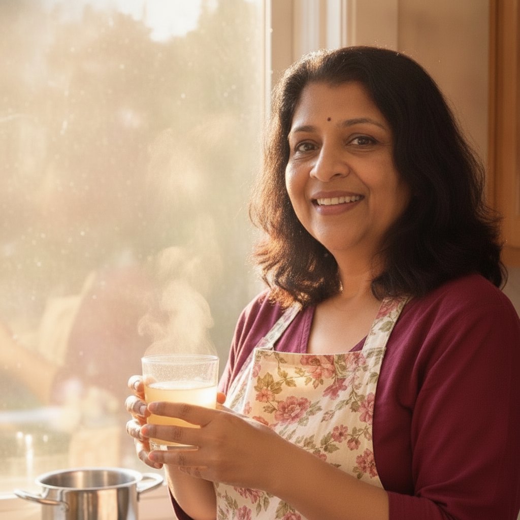 Asha with a glass of warm water at her kitchen window