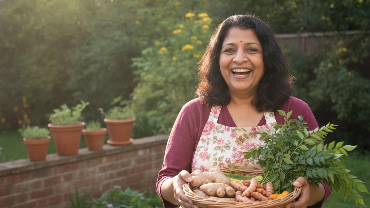 Asha laughing in her garden with a basket of fresh ginger, turmeric and curry leaves