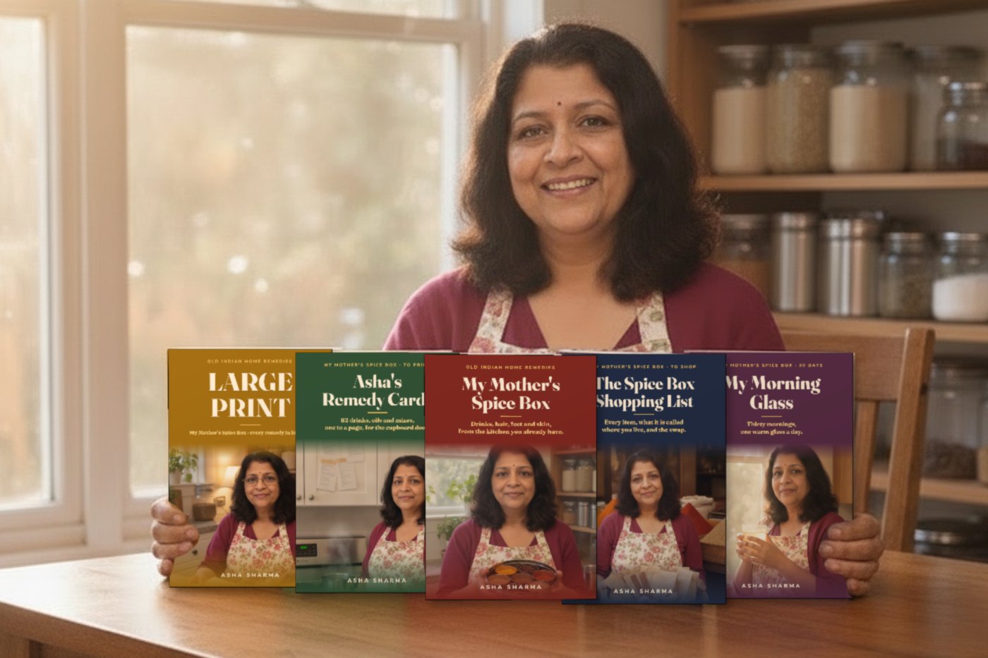 Asha at her kitchen table holding the Large Print Edition, the Remedy Cards, My Mother's Spice Box, the Shopping List and My Morning Glass