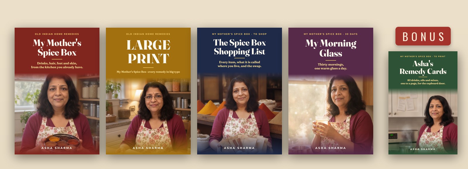 My Mother's Spice Box, the Large Print Edition, The Spice Box Shopping List and My Morning Glass, with Asha's Remedy Cards as a bonus